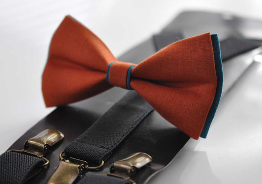 Turquoise Teal Blue and Burnt Orange Linen Bow tie Bowtie + Black Suspenders Braces Men / Youth Teenage/ Boys Kids / Baby Infant Toddler