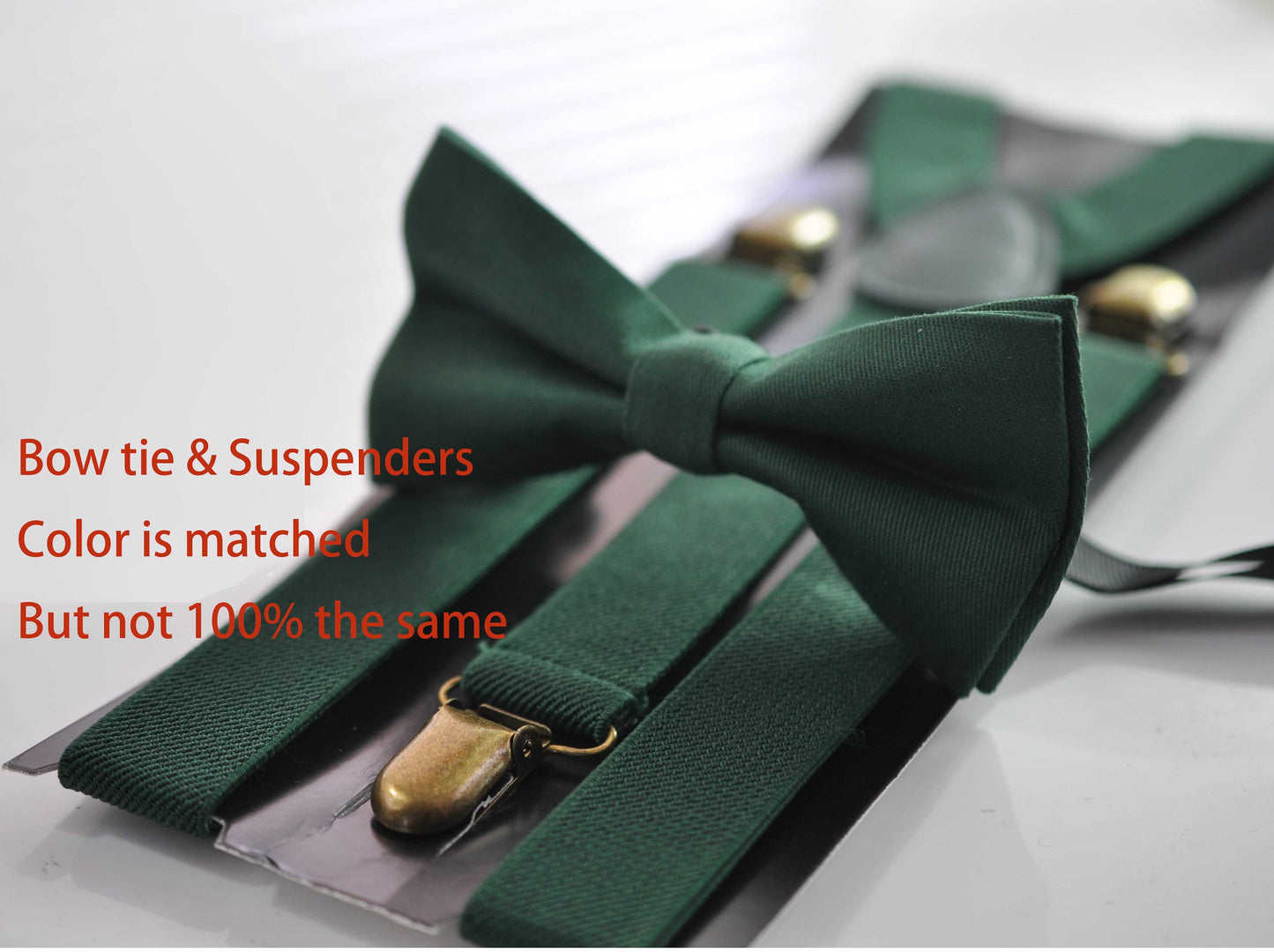 Dark Emerald Green Cotton Bow tie + Elastic Suspenders Braces + Pocket Square Hanky Handkerchief for Men / Youth / Boys Kids / Baby Infant