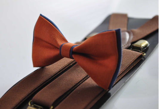 Navy Blue and Burnt Orange Linen Bow tie Bowtie + Brown Suspenders Braces for Men / Youth Teenage/ Boys Kids / Baby Infant Toddler