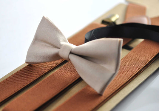 Begie Sand Pale Brown Cotton Bow tie Bowtie + Tan Brown Elastic Suspenders Braces for Men / Youth Teenage/ Boys Kids / Baby Infant Toddler