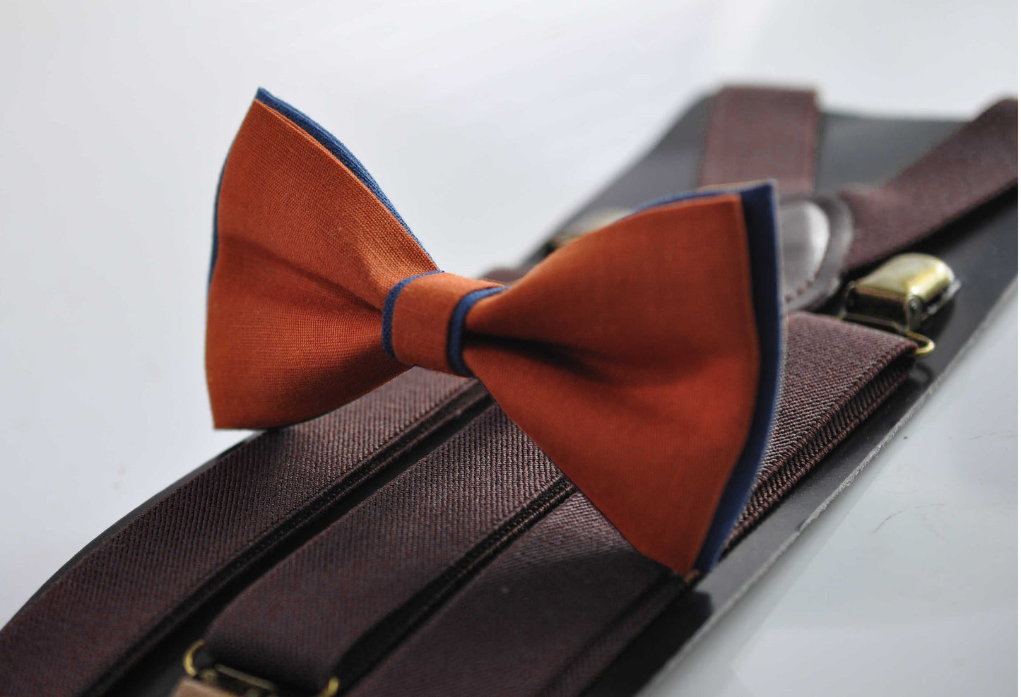 Navy Blue and Burnt Orange Linen Bow tie Bowtie + Coffee Brown Suspenders Braces for Men / Youth Teenage/ Boys Kids / Baby Infant Toddler