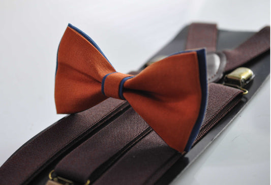 Navy Blue and Burnt Orange Linen Bow tie Bowtie + Coffee Brown Suspenders Braces for Men / Youth Teenage/ Boys Kids / Baby Infant Toddler