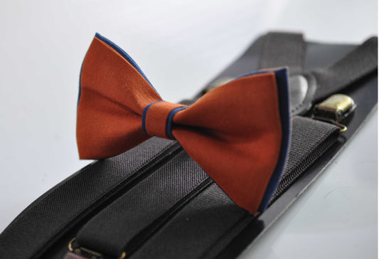 Navy Blue and Burnt Orange Linen Bow tie Bowtie + Black Suspenders Braces for Men / Youth Teenage/ Boys Kids / Baby Infant Toddler