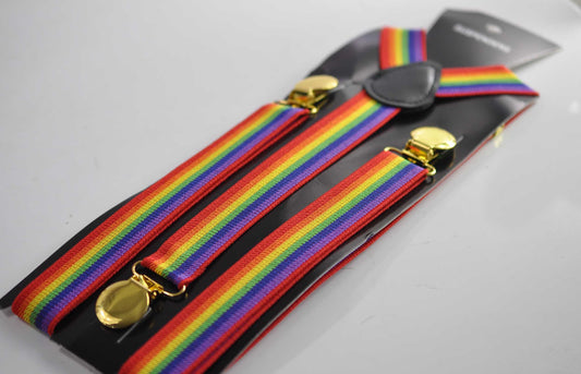 Rainbow 25MM Elastic Y-Back Suspenders Braces Round Gold Golden Metal Clips for Men Adult / Youth / Kids Boy /Toddler Baby Infant