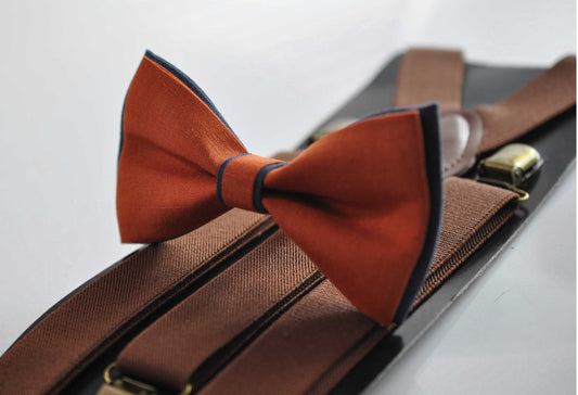 Dark Navy Blue and Burnt Orange Linen Bow tie Bowtie + Brown Suspenders Braces for Men / Youth Teenage/ Boys Kids / Baby Infant Toddler