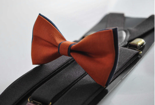 Dark Navy Blue and Burnt Orange Linen Bow tie Bowtie + Black Suspenders Braces for Men / Youth Teenage/ Boys Kids / Baby Infant Toddler