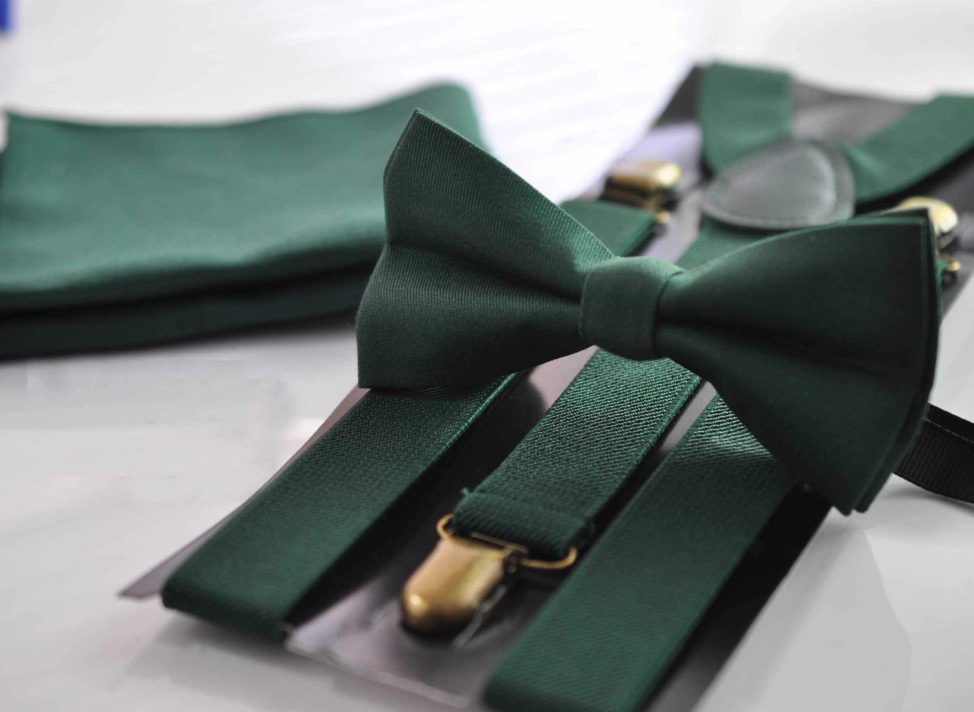 Dark Emerald Green Cotton Bow tie + Elastic Suspenders Braces + Pocket Square Hanky Handkerchief for Men / Youth / Boys Kids / Baby Infant