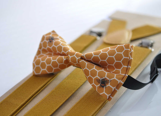 Yellow Honeycomb Honey Comb Bees Bow tie + Mustard Honey Elastic Suspenders Braces for Men / Youth Teenage/ Boys Kids / Baby Infant Toddler