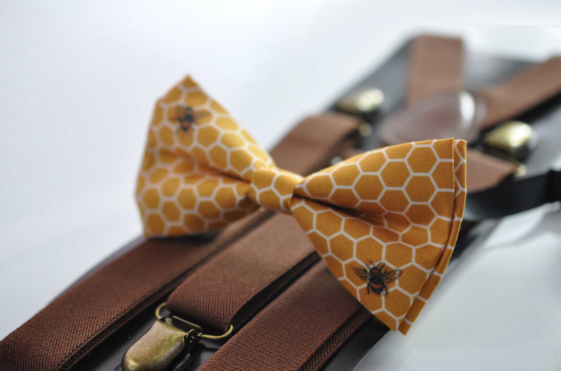 Yellow Honeycomb Honey Comb Bees Bow tie + Dark Brown Suspenders Braces for Men / Youth / Boys Kids / Baby Infant Toddler