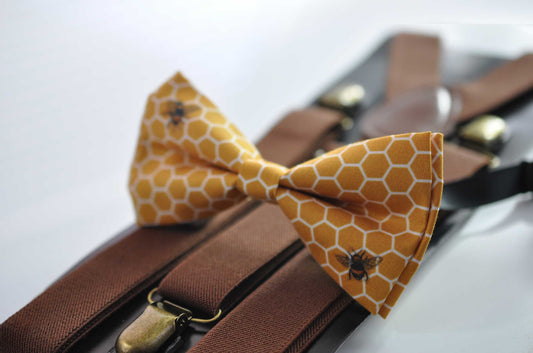 Yellow Honeycomb Honey Comb Bees Bow tie + Dark Brown Suspenders Braces for Men / Youth / Boys Kids / Baby Infant Toddler