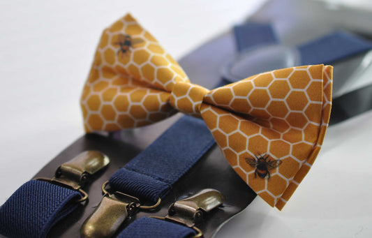 Yellow Honeycomb Honey Comb Bees Bow tie + Navy Blue Elastic Suspenders Braces for Men / Youth / Boys Kids / Baby Infant Toddler