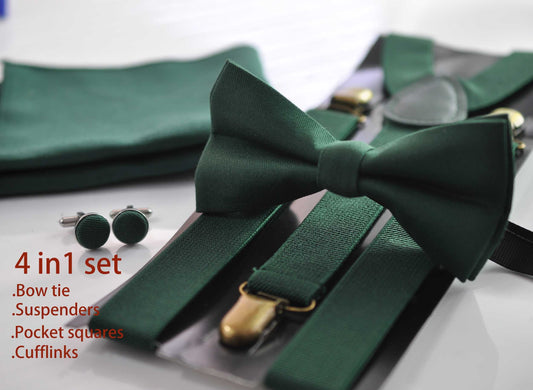 Dark Emerald Green Cotton Bow tie + Elastic Suspenders Braces + Pocket Square Hanky Handkerchief for Men / Youth / Boys Kids / Baby Infant