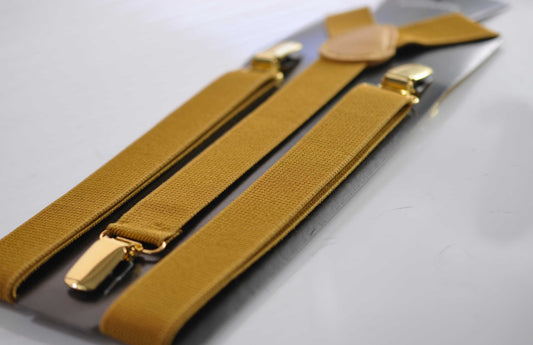 Mustard Honey Ginger Yellow 25MM Elastic Y-Back Suspenders Braces Gold Golden Clips for Men Adult / Youth / Kids Boy /Toddler Baby Infant