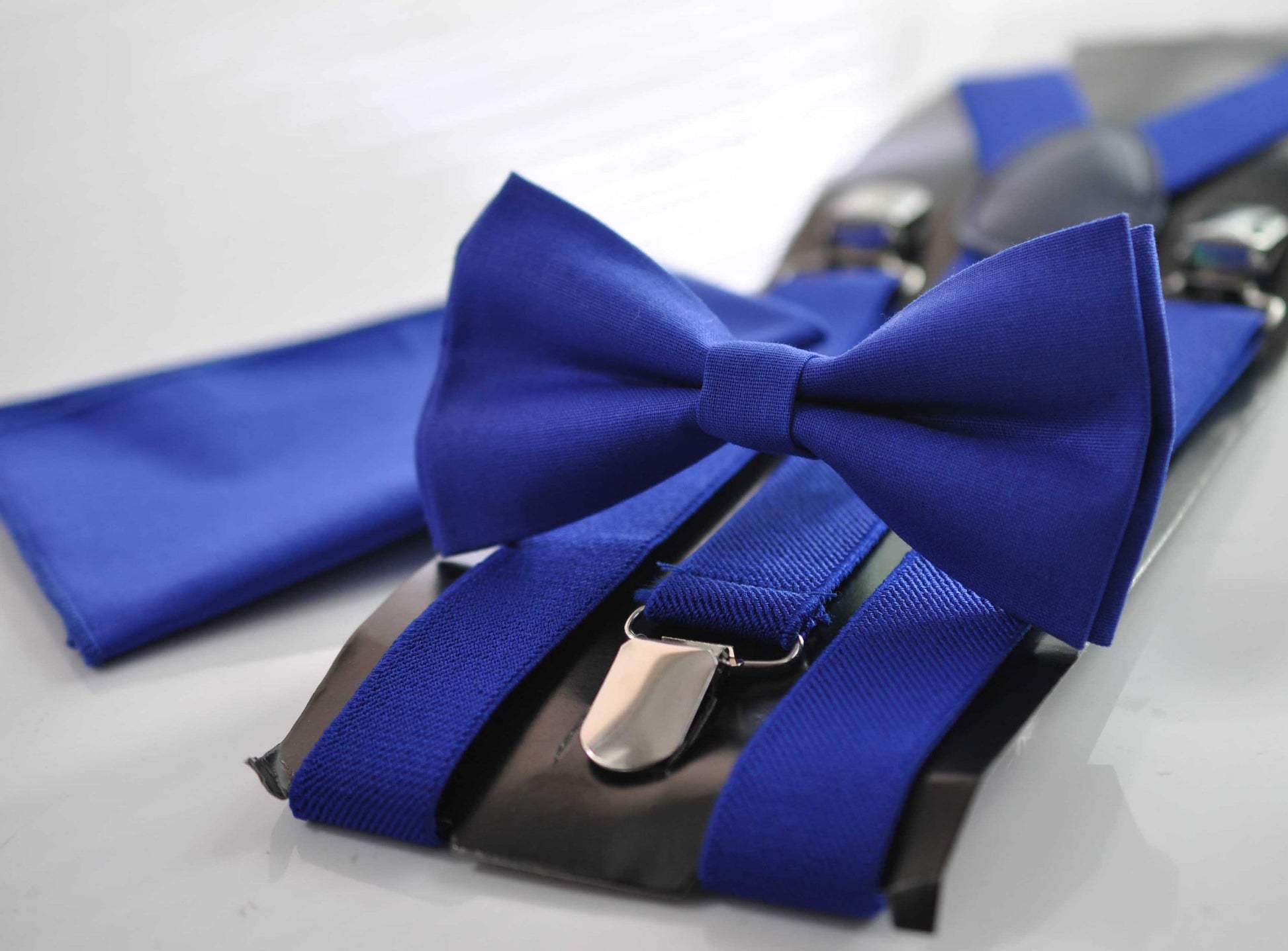 Royal Blue Sapphire Cobalt Bow tie + Matched Elastic Adjustable Braces Suspenders + POCKET SQUARE for Baby Infant / Boy Kids / Youth / Men