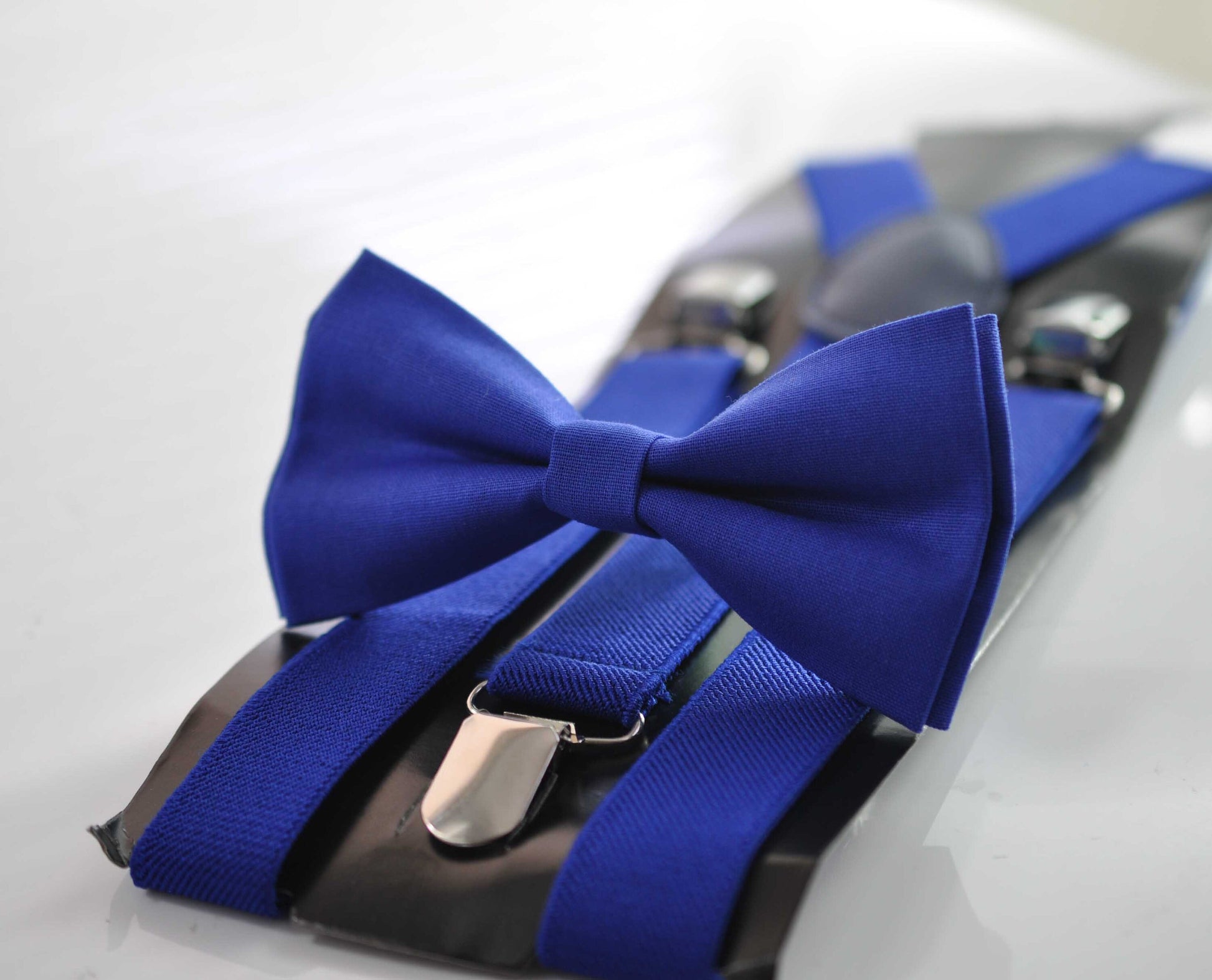 Royal Blue Sapphire Cobalt Bow tie + Matched Elastic Adjustable Braces Suspenders + POCKET SQUARE for Baby Infant / Boy Kids / Youth / Men