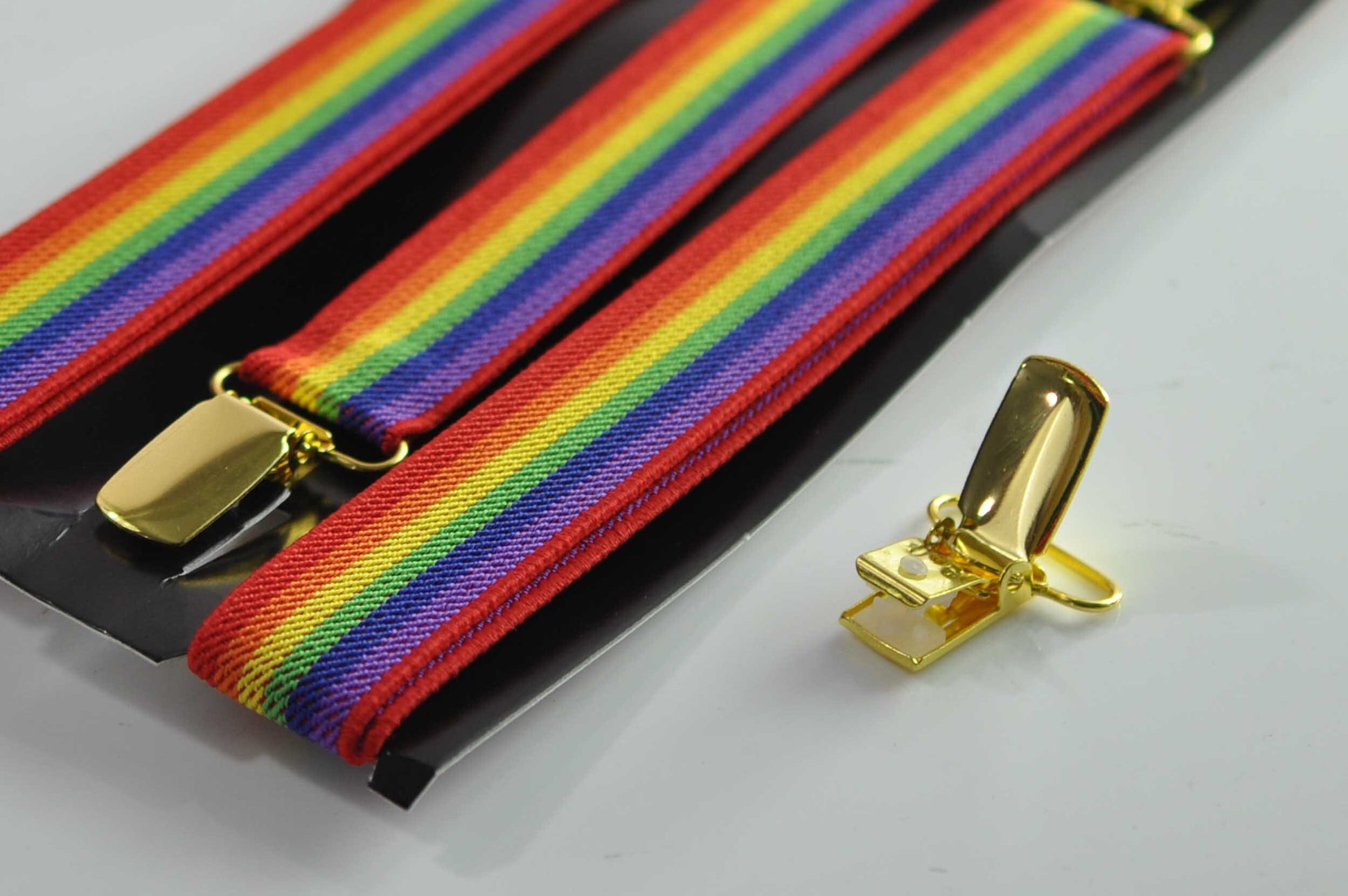 Rainbow 25MM Elastic Y-Back Suspenders Braces Gold Golden Metal Clips for Men Adult / Youth / Kids Boy /Toddler Baby Infant