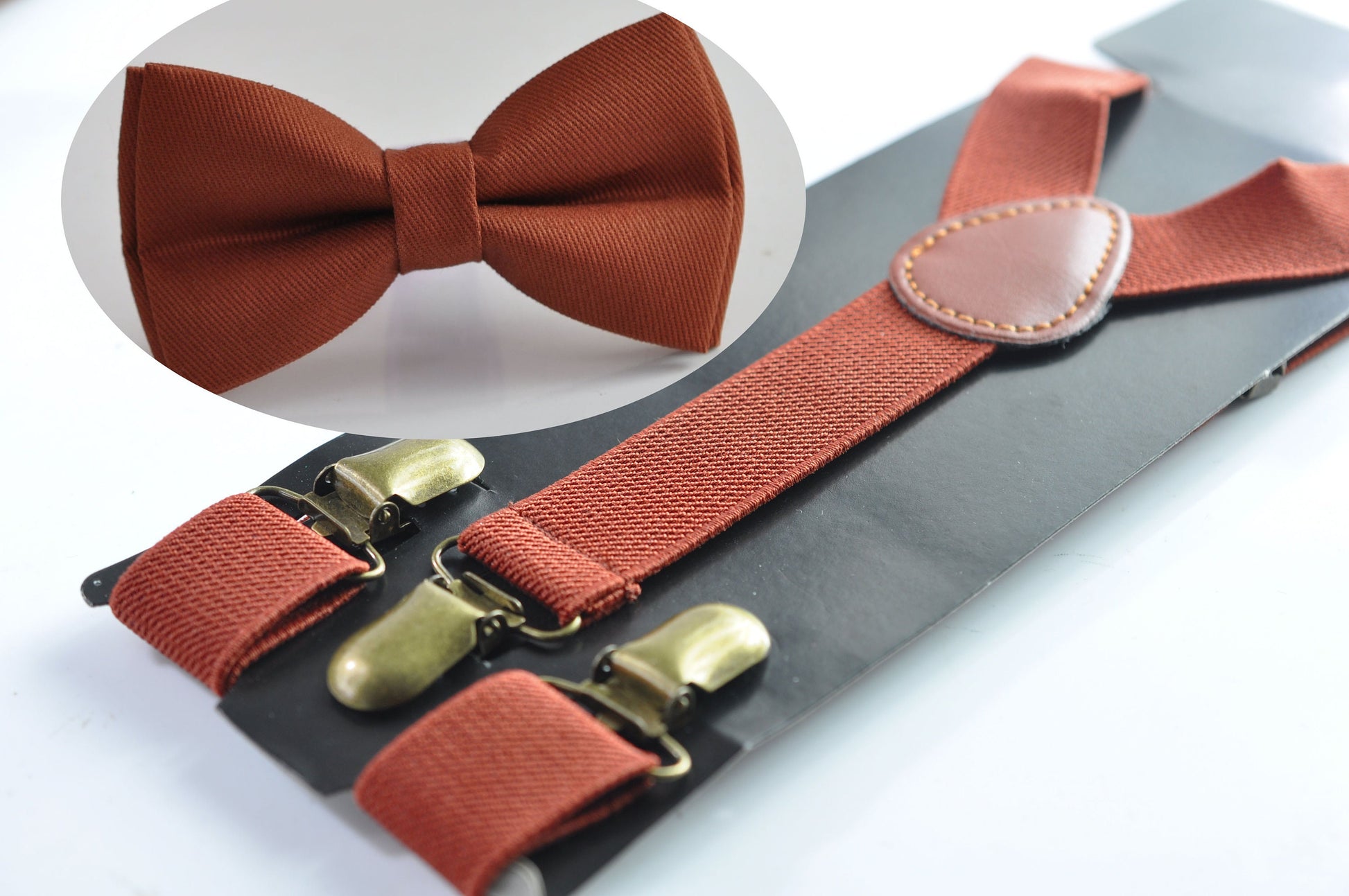 Rust Rusty Red Brown Cotton Bow tie + Elastic Suspenders Braces + Pocket Square Hanky Handkerchief for Men / Youth / Boys Kids / Baby Infant