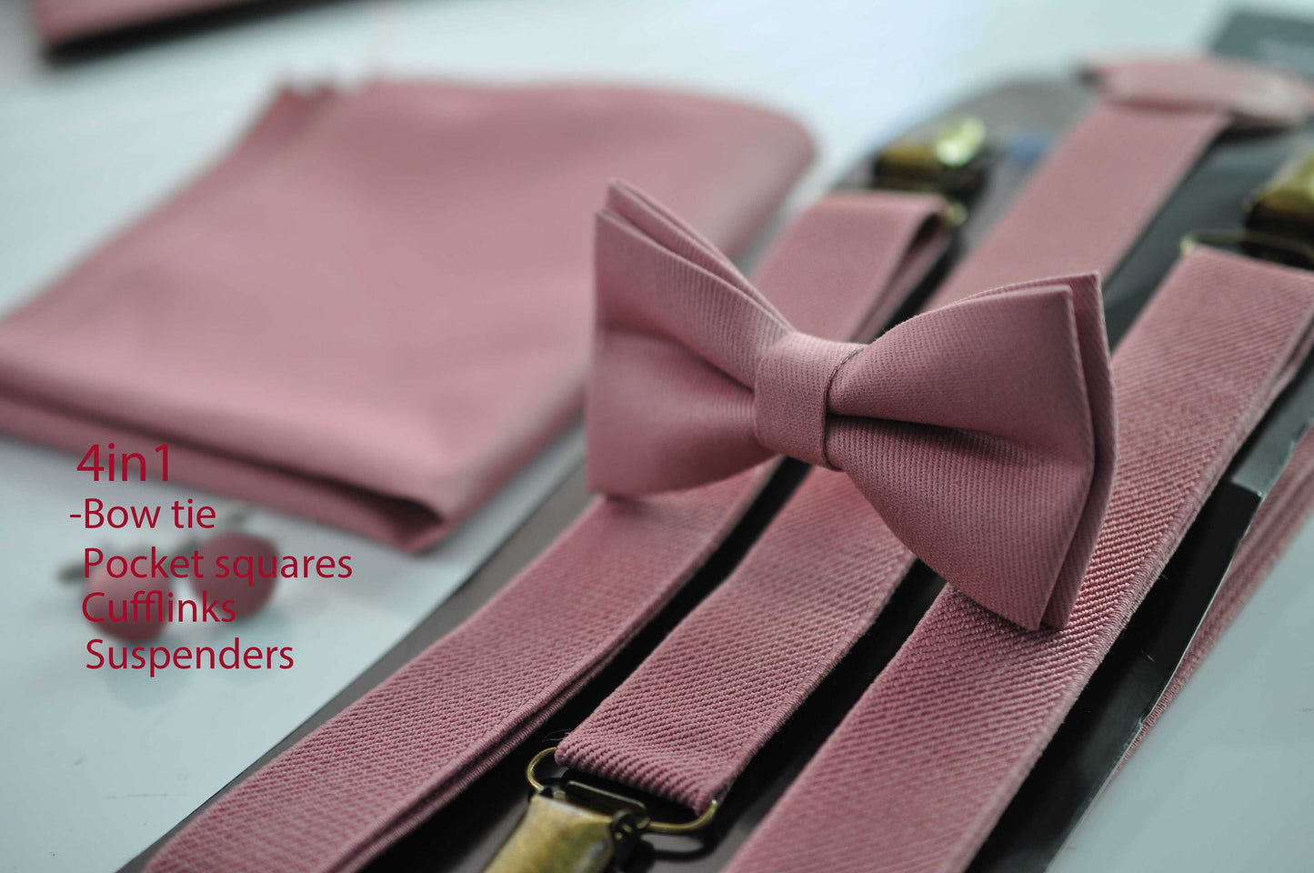 Dusty Rose Pink Cotton Bow tie + Elastic Suspenders Braces + Pocket Square Hanky Handkerchief for Men / Youth / Boys Kids / Baby Infant