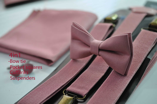 Dusty Rose Pink Cotton Bow tie + Elastic Suspenders Braces + Pocket Square Hanky Handkerchief for Men / Youth / Boys Kids / Baby Infant