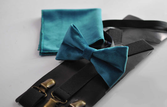 Teal blue Velvet Bow tie + matched Pocket Square Hanky Handkerchief + Black Suspenders Braces Men / Youth / Boys / Baby Infant toodler