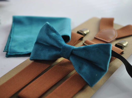 Teal blue Velvet Bow tie + matched Pocket Square Hanky Handkerchief + Tan Brown Suspenders Braces Men /Youth / Boys / Baby Infant toodler