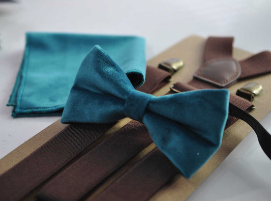 Teal blue Velvet Bow tie + Pocket Square Hanky Handkerchief + Coffee Brown Suspenders Braces Men /Youth / Boys / Baby Infant toodler