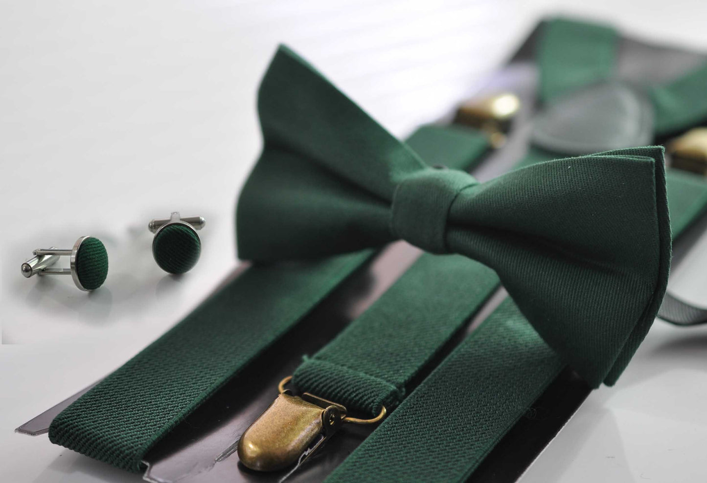 Emerald Green Bow tie Bowtie + Elastic Suspenders Braces + Cufflinks Cuff link for Men / Youth Teenage/ Boys Kids / Baby Infant Toddler