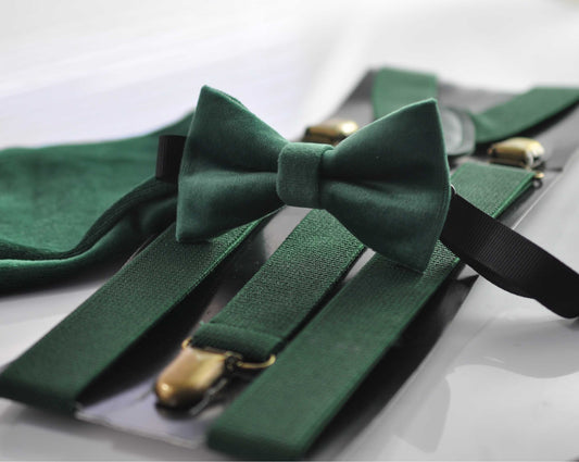 Emerald Green Dark Green Velvet Bow tie + Matched Elastic Suspenders Braces for Baby Infant Toddler / Boy Kids / Youth Teenage / Men Adult