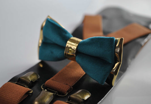 Turquoise Teal blue Gold Velvet Leather Bow tie bowtie + Tan Brown Elastic Suspenders Braces for Men Youth/ Boys Kids / Baby Infant Toddler