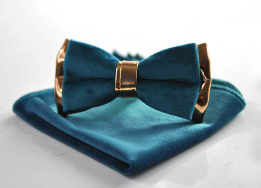 Dark Turquoise Teal Blue Velvet Rose Gold Leather Bow tie + Pocket Squares Hanky Handkerchief for Men Adult / Youth / Boy Kids / Baby Infant