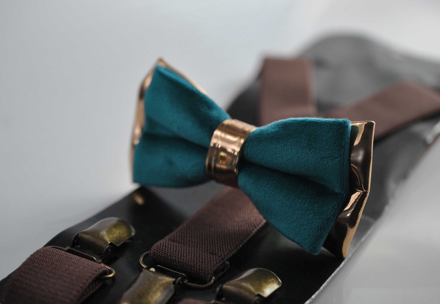 Teal Blue Velvet Rose Gold Leather Bow tie + Coffee Brown Elastic Suspenders Braces Men / Youth / Boys / Baby Infant Toddler