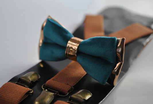 Dark Turquoise Teal Blue Velvet Rose Gold Leather Bow tie + Tan Brown Elastic Suspenders Braces Men / Youth / Boys / Baby Infant Toddler