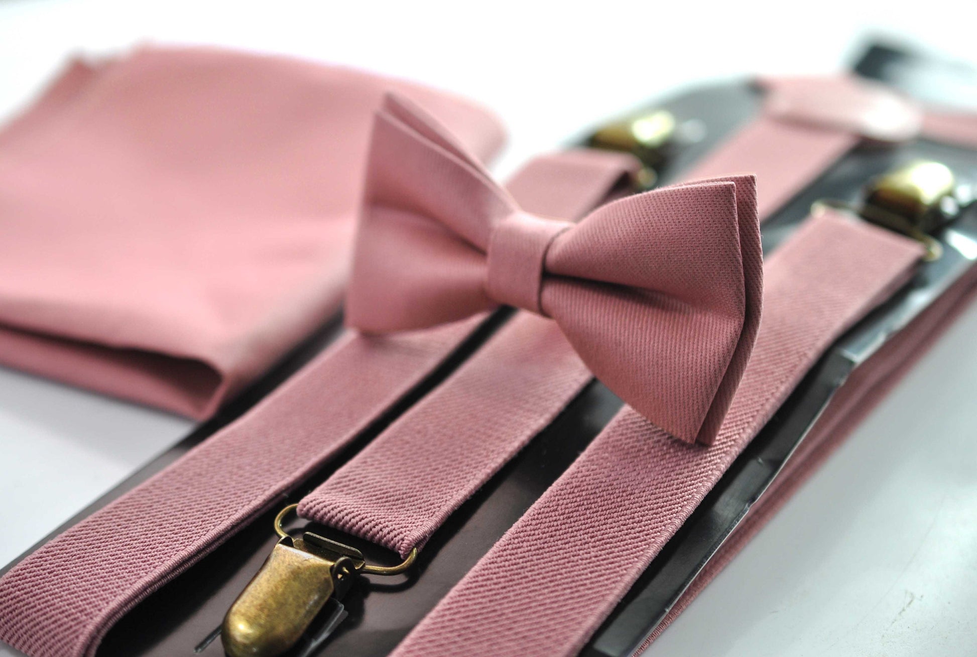 Dusty Rose Pink Cotton Bow tie + Elastic Suspenders Braces + Pocket Square Hanky Handkerchief for Men / Youth / Boys Kids / Baby Infant