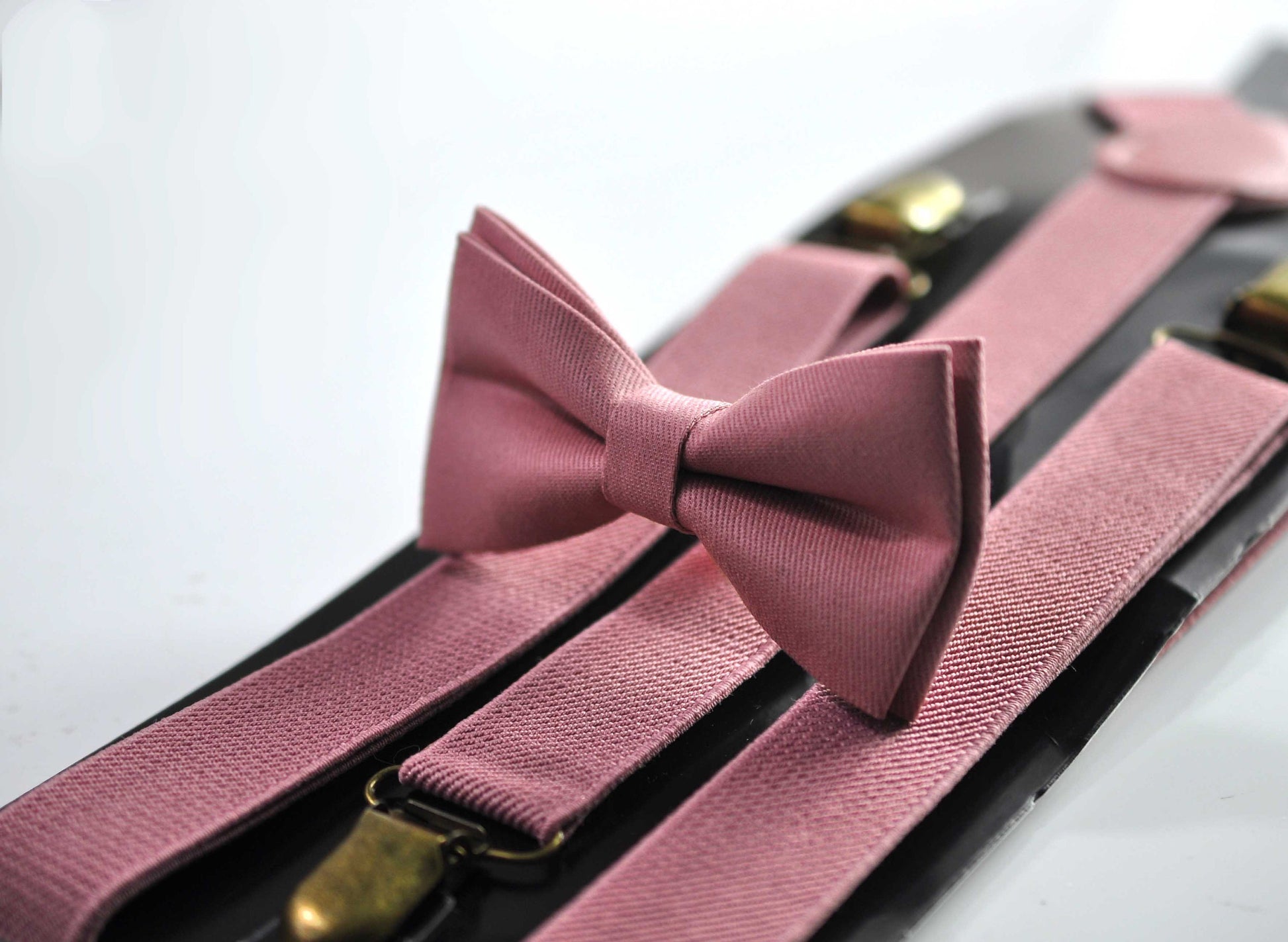 Dusty Rose Pink Cotton Bow tie + Elastic Suspenders Braces + Pocket Square Hanky Handkerchief for Men / Youth / Boys Kids / Baby Infant