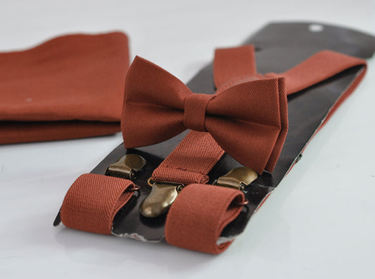 Rust Rusty Red Brown Cotton Bow tie + Elastic Suspenders Braces + Pocket Square Hanky Handkerchief for Men / Youth / Boys Kids / Baby Infant