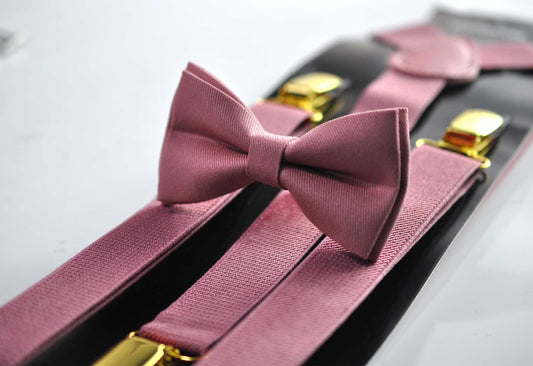Dusty Rose Pink Cotton Bow tie Bowtie + matched Elastic Suspenders Braces for Men / Youth Teenage/ Boys Kids / Baby Infant Toddler