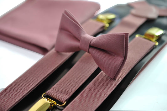 Dusty Rose Pink Cotton Bow tie + Elastic Suspenders Braces + Pocket Square Hanky Handkerchief for Men / Youth / Boys Kids / Baby Infant