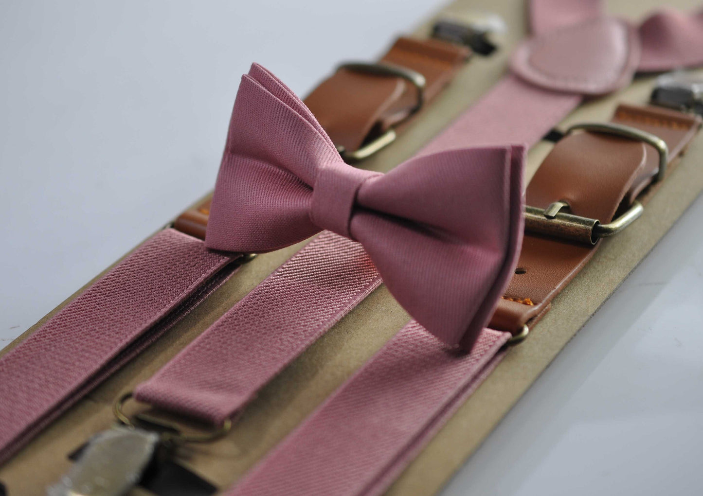 Dusty Rose Pink Cotton Bow tie + Elastic Suspenders Braces + Pocket Square Hanky Handkerchief for Men / Youth / Boys Kids / Baby Infant