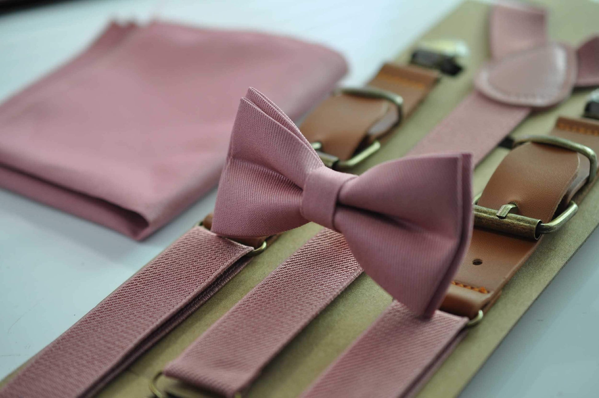 Dusty Rose Pink Cotton Bow tie + Elastic Suspenders Braces + Pocket Square Hanky Handkerchief for Men / Youth / Boys Kids / Baby Infant