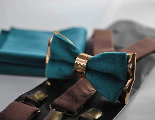 Teal Blue Rose Gold Velvet Leather Bow tie + Dark Brown Suspenders Braces Pocket squares Men /Youth/ Boys Kids / Baby Infant Toddler