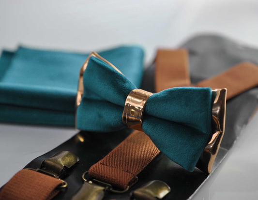 Teal Blue Rose Gold Velvet Leather Bow tie + Tan Brown Suspenders Braces Pocket squares Men /Youth/ Boys Kids / Baby Infant Toddler