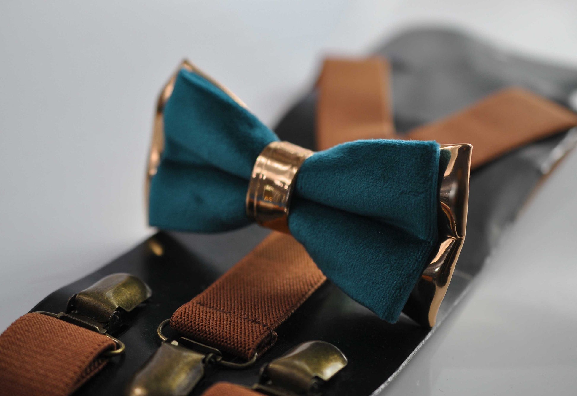 Teal Blue Rose Gold Velvet Leather Bow tie + Tan Brown Suspenders Braces Pocket squares Men /Youth/ Boys Kids / Baby Infant Toddler
