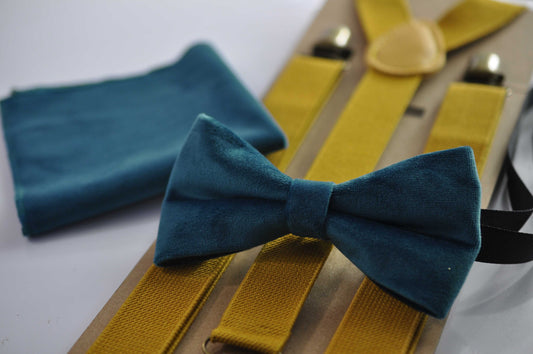 Teal blue Velvet Bow tie + Pocket Square Hanky Handkerchief + Mustard Honey Suspenders Braces Men /Youth / Boys / Baby Infant toodler