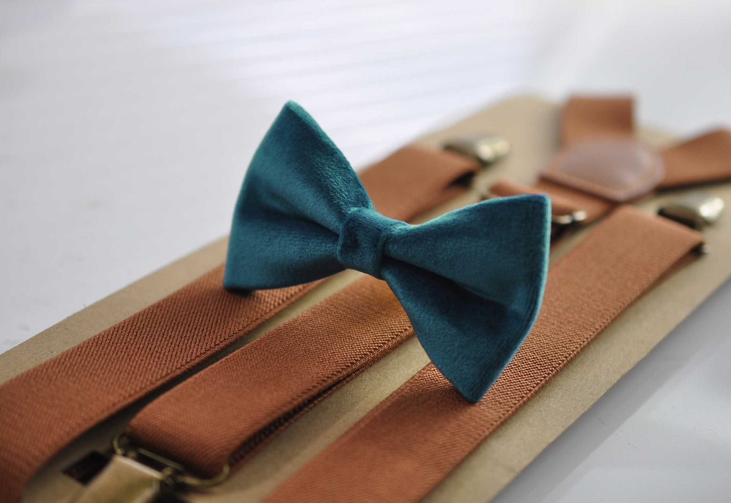 Teal blue Velvet Bow tie + matched Pocket Square Hanky Handkerchief + Tan Brown Suspenders Braces Men /Youth / Boys / Baby Infant toodler