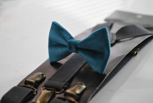 Dark Turquoise Teal Blue Velvet Bow tie Bowtie+ Black Elastic Suspenders Braces for Baby Infant / Boy Kids / Youth Teenage / Men Adult