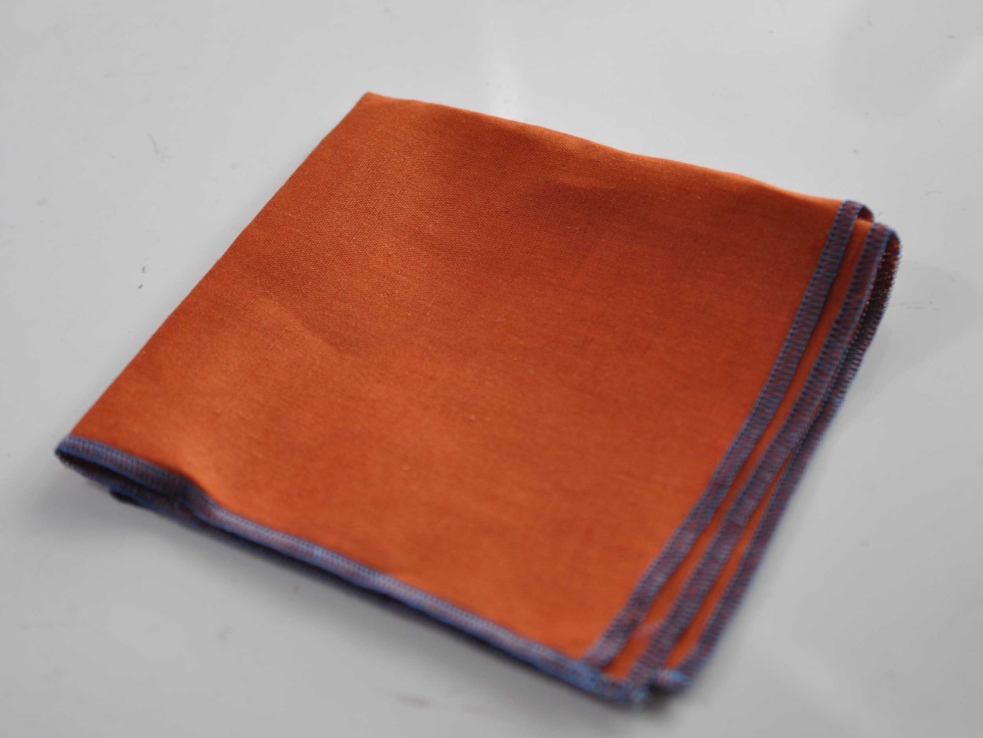 Burnt Orange Linen Pocket Square with Navy Blue Edge Wedding Formal Hanky Handkerchief for Men / Youth / Boy Kids / Baby Infant Toddler