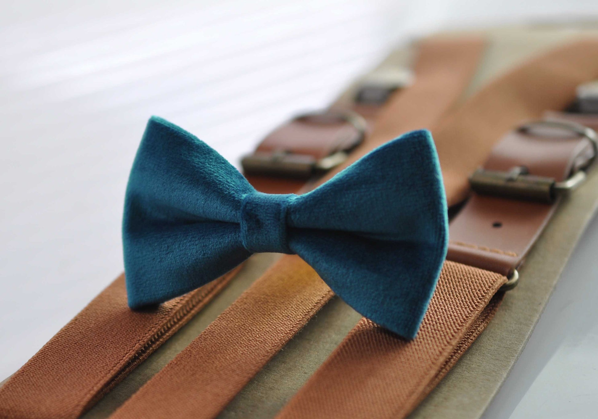 Dark Turquoise Teal Blue Velvet Bow tie + Tan Brown Elastic Suspenders Braces for Baby Infant / Boy Kids / Youth Teenage / Men Adult