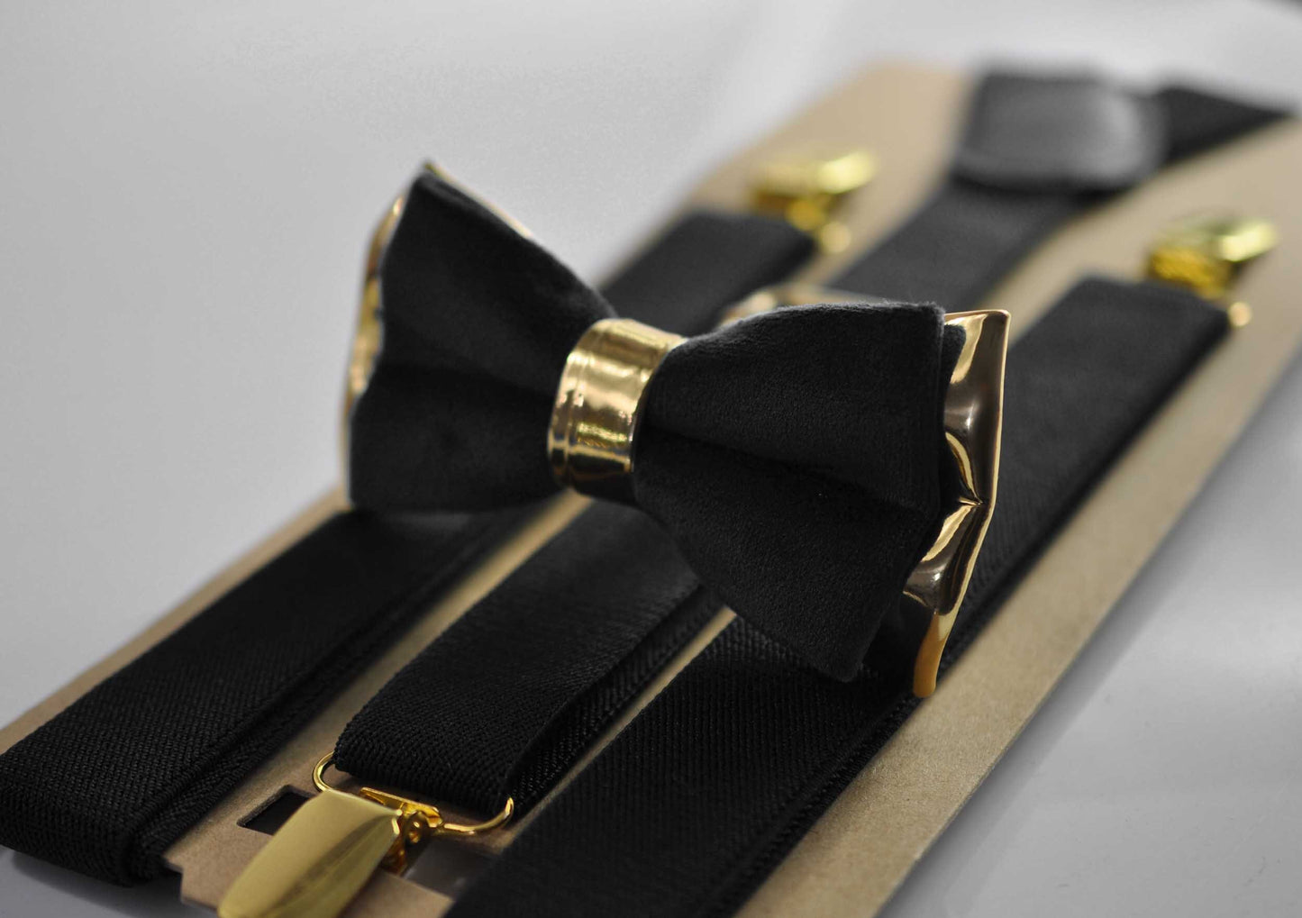 Black Velvet Bow tie bowtie + Black Elastic Suspenders Braces for Men / Youth / Boys Kids / Baby Infant Toddler