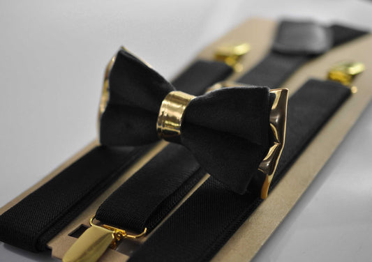 Black Velvet Bow tie bowtie + Black Elastic Suspenders Braces for Men / Youth / Boys Kids / Baby Infant Toddler