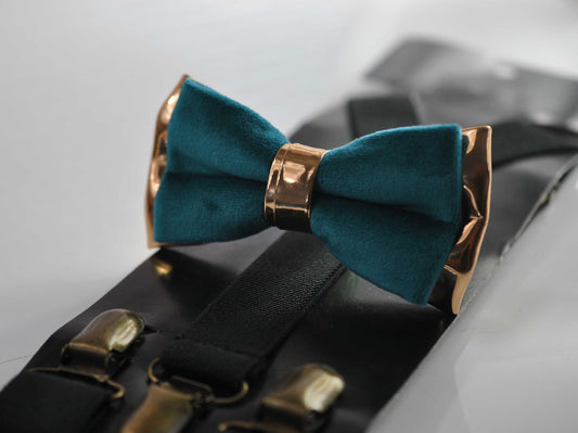 Dark Turquoise Teal Blue Velvet Rose Gold Leather Bow tie + Black Elastic Suspenders Braces Men / Youth / Boys / Baby Infant Toddler